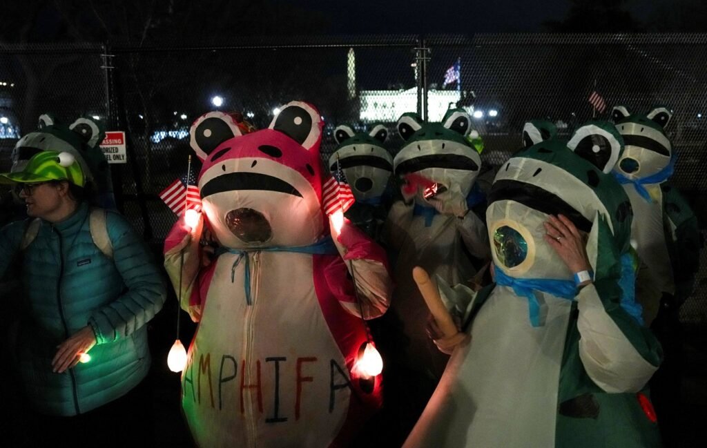 Demonstrators in frog costumes protest Trump’s State of the Union | Donald Trump